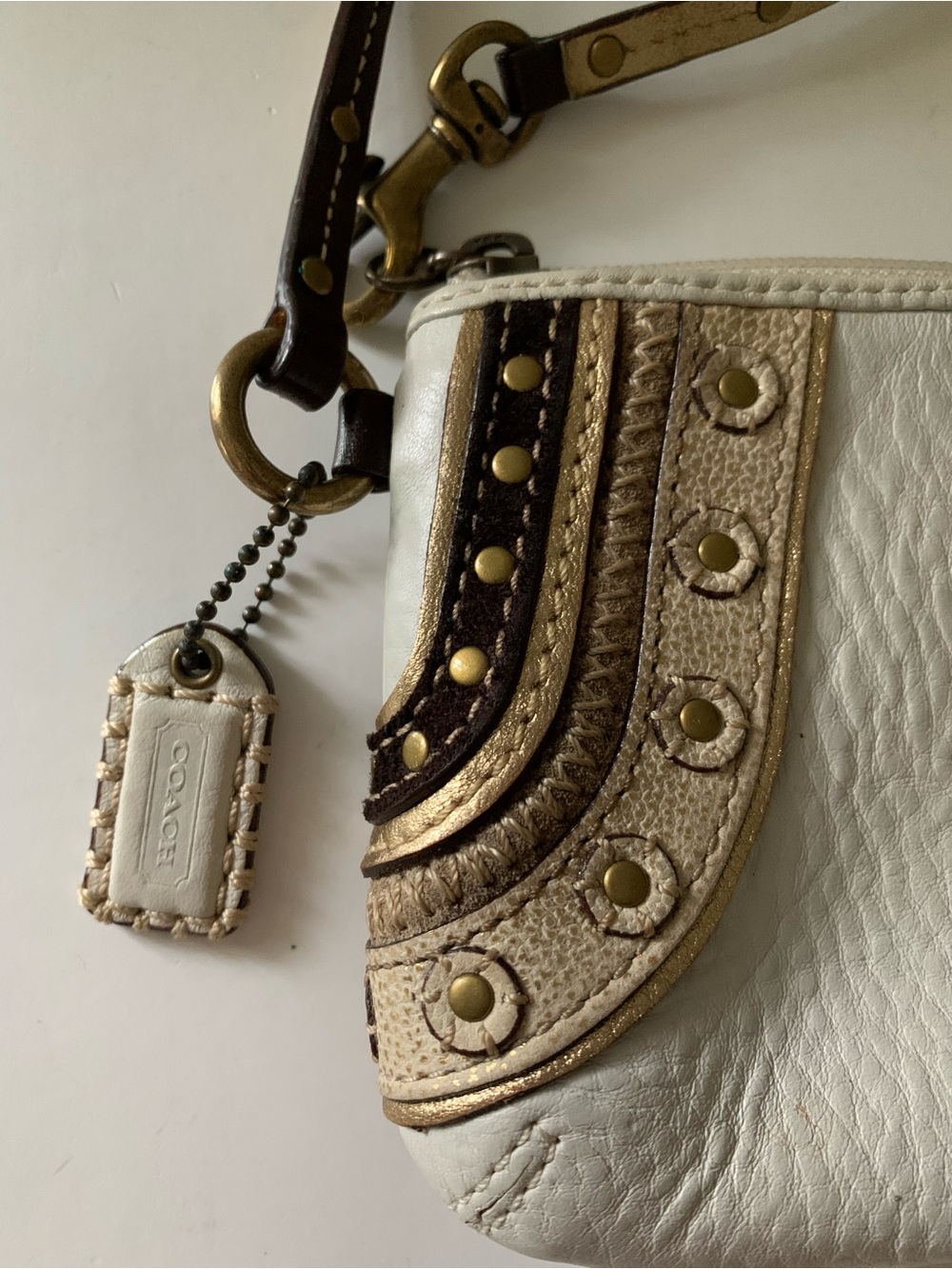 Coach Soho Embroidered Stitch Studded Wristlet, Pebbled White Leather, Gold Stud - Picture 2 of 14